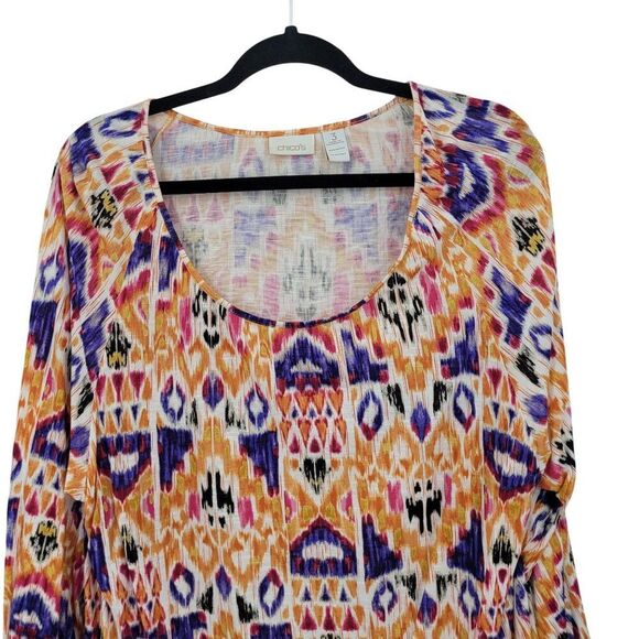 Chicos Multicolor 3/4 Sleeve Boho Peasant Top Sz 3 Ikat Colorful Tribal Rayon - Picture 5 of 9